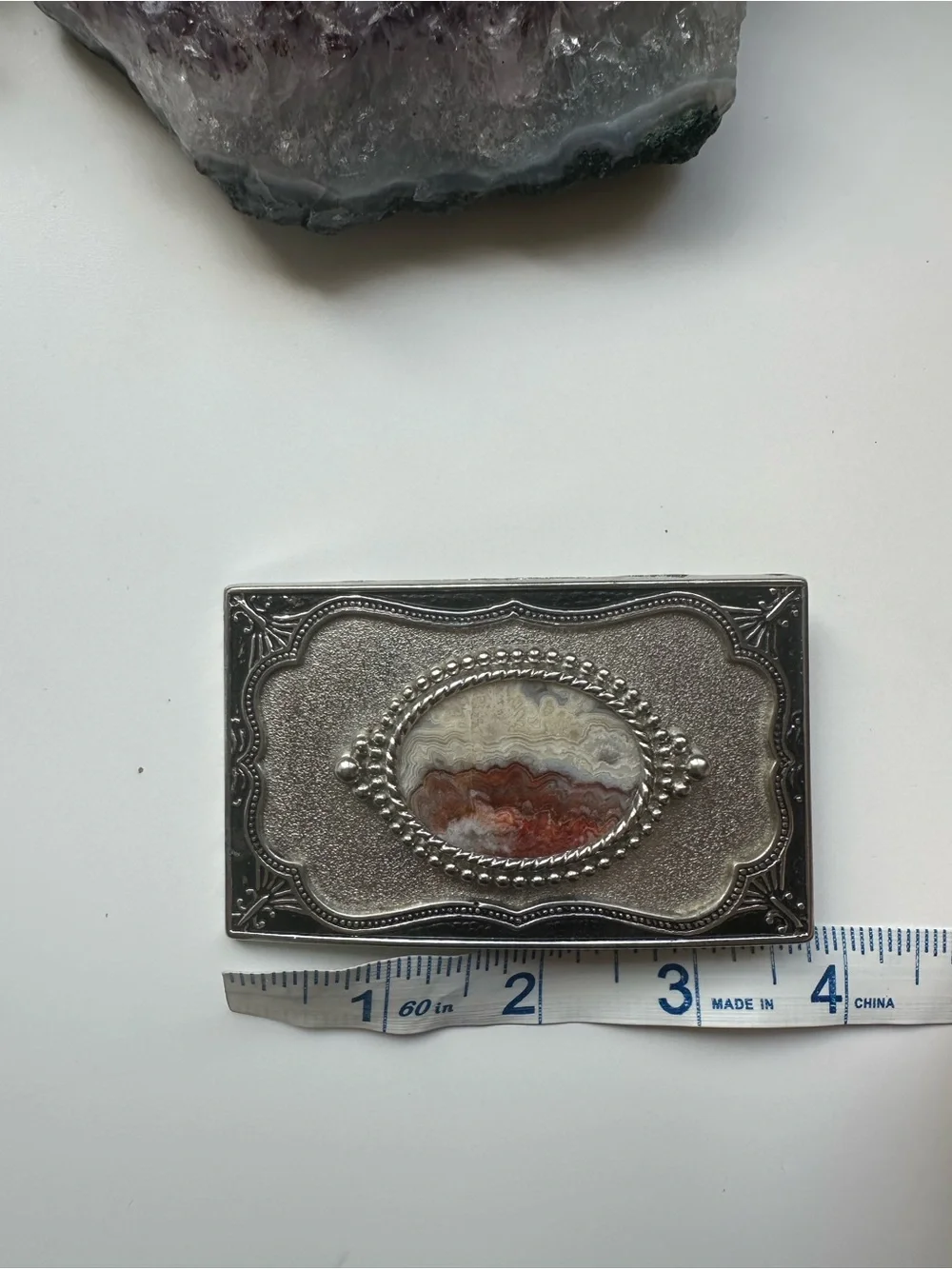 Antique-Style Silver Belt Buckle with Resin Agate Center